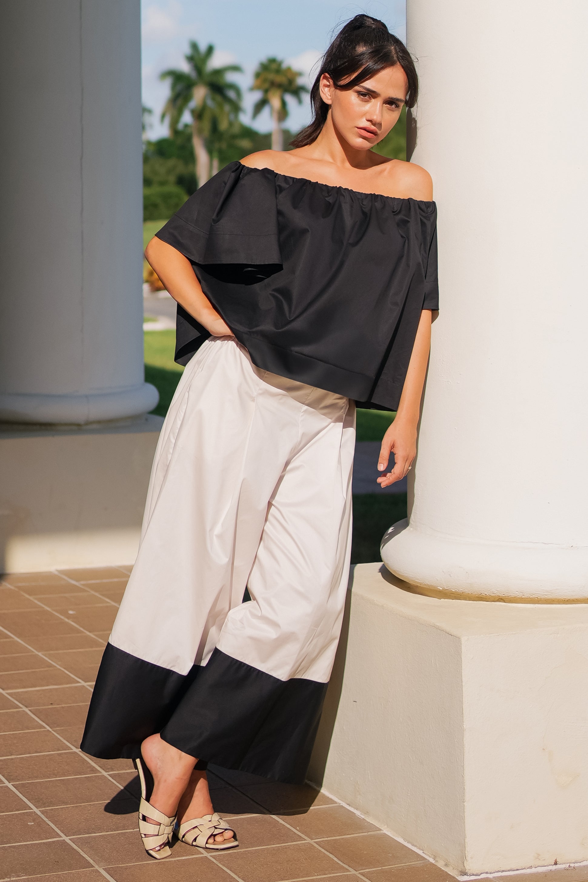 black and white peasant top