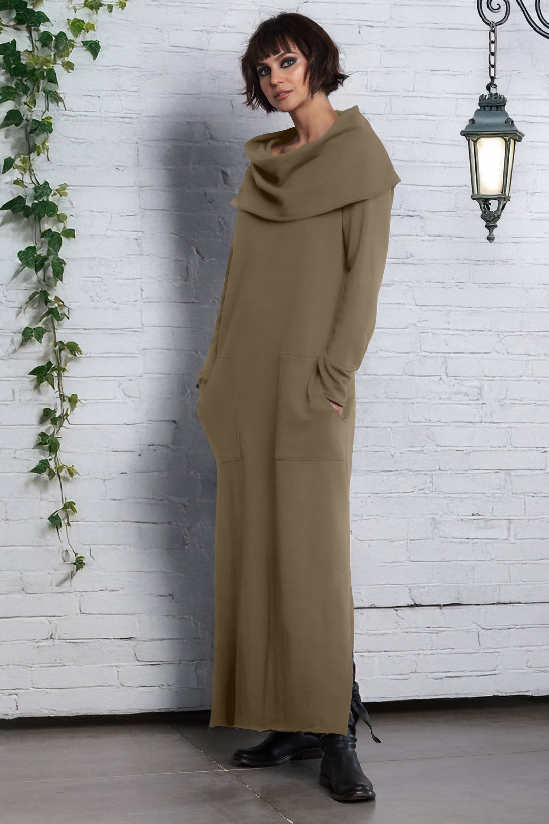 French Terry Long Cowl Dress - Loden
