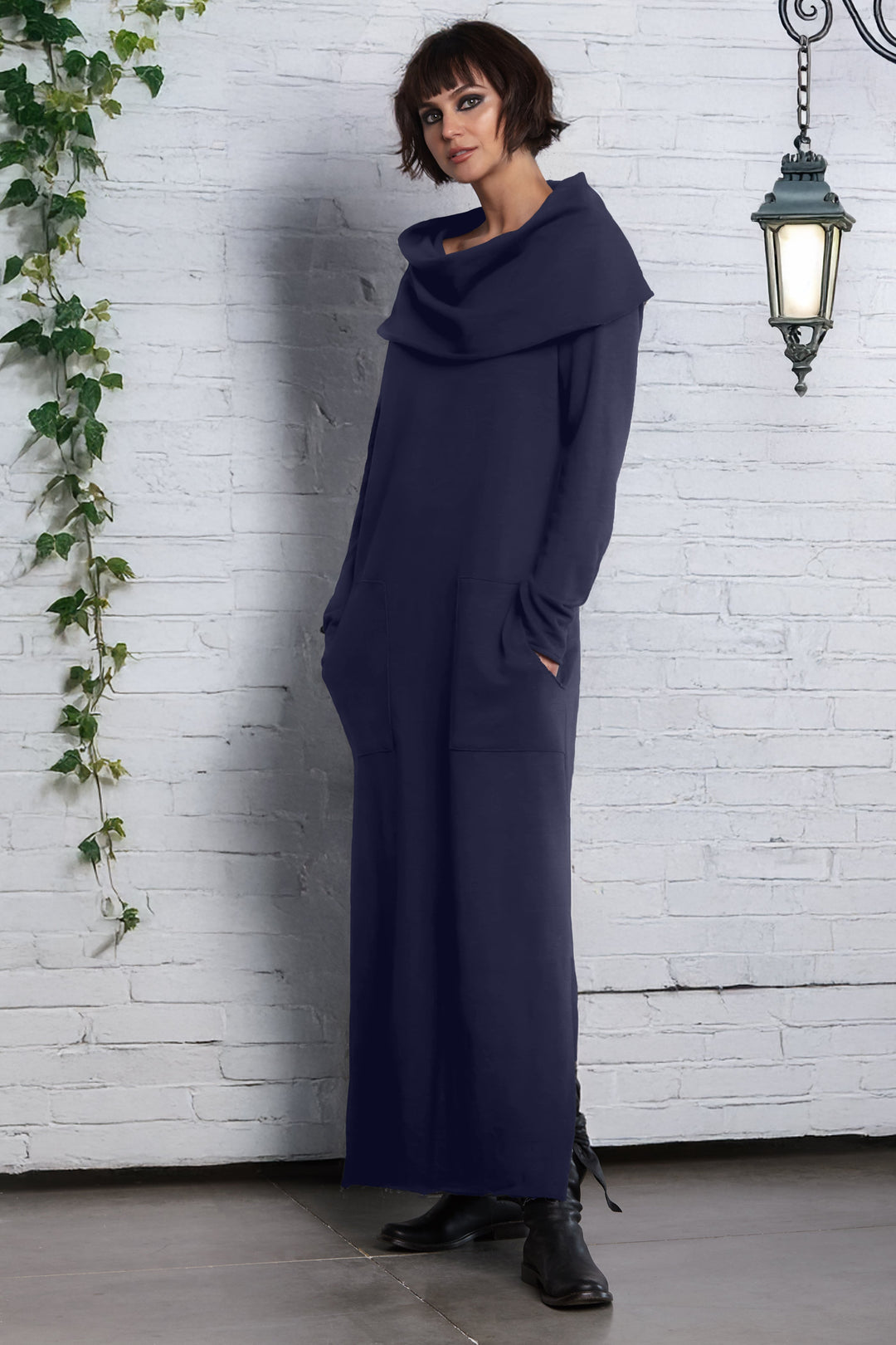 French Terry Long Cowl Dress - Midnight