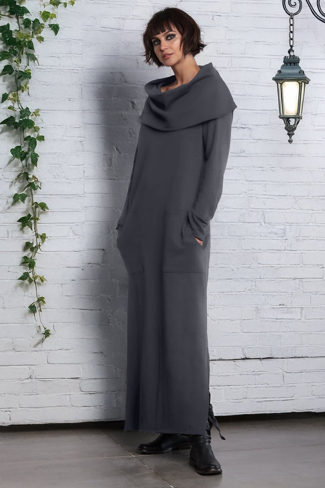 French Terry Long Cowl Dress - Obsidian