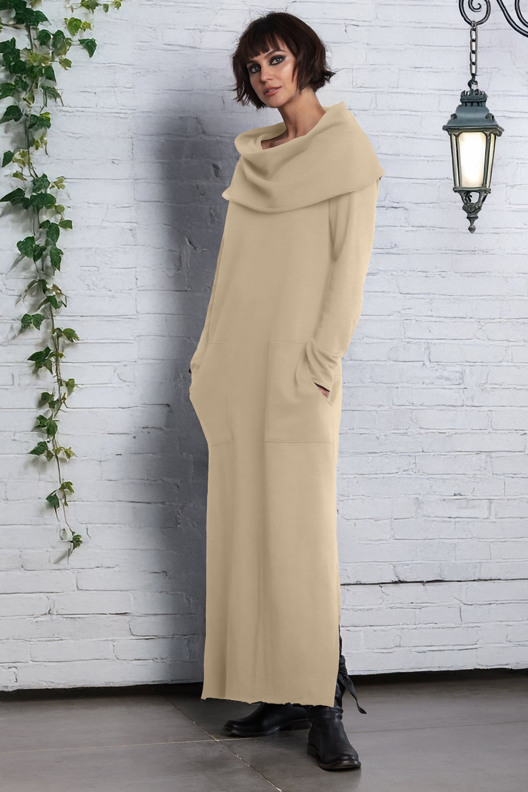 French Terry Long Cowl Dress - Sand