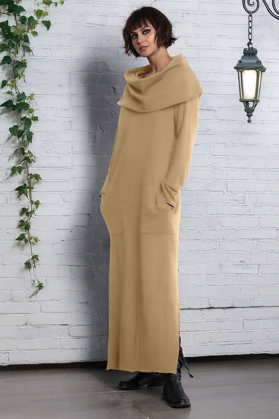 French Terry Long Cowl Dress - Walnut