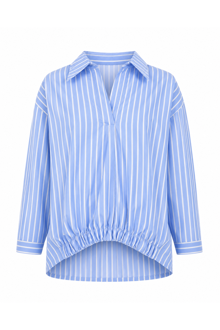 A 100% cotton light blue and white vertically striped button-up shirt with a relaxed fit, long sleeves, and a gathered elastic hem, shown on a plain white background.