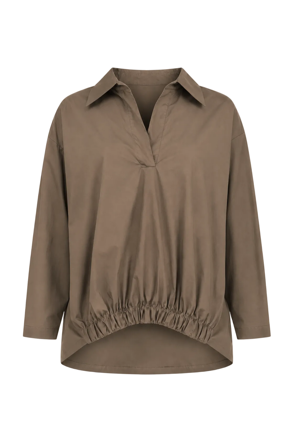 A 100% cotton taupe brown long-sleeve collared blouse with a gathered elastic hem, displayed on a clean white background.