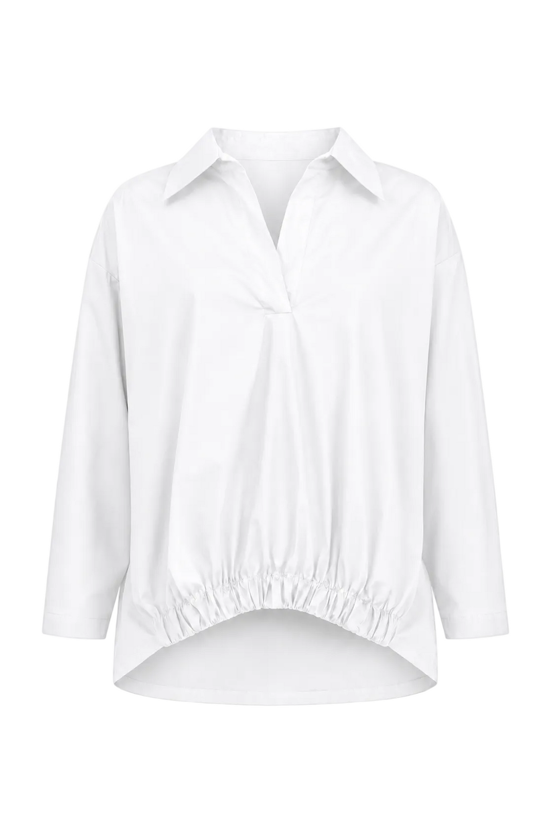 A 100% cotton white long-sleeve button-up blouse with a pointed collar, gathered front detail, and an elasticized hem, shown on a plain white background.
