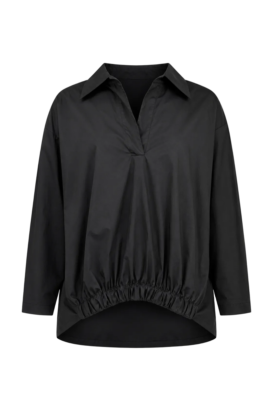 A black long-sleeve 100% cotton collared blouse with a gathered, ruched front and an elasticized hem, shown against a plain white background.