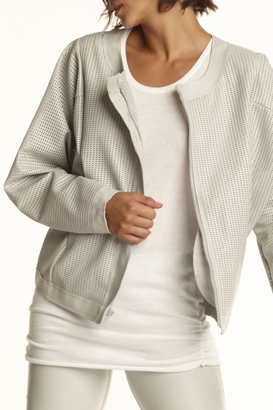 Vegan Leather Half Moon Bomber Jacket - Fog