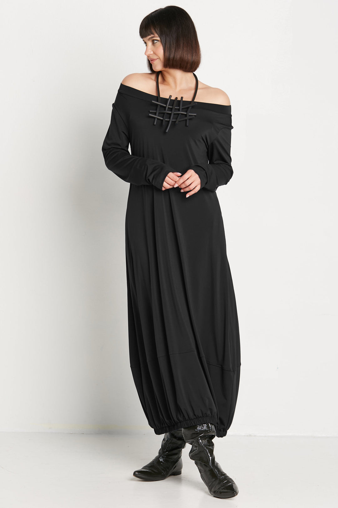 Matte Jersey Long Sleeve Lantern Dress - Black PLANET by Lauren G Matte Jersey Long Sleeve Lantern Dress - Black PLANET by Lauren G