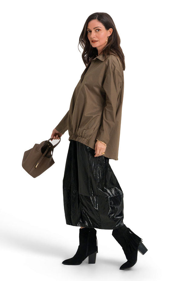 Vegan Crushed Patent Leather Puff Skirt - Black