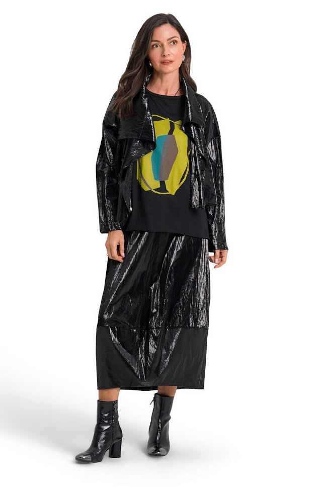 Women's Vegan Crushed Patent Leather Cropped Asymmetrical Jacket in Black by PLANET, alternate view 2