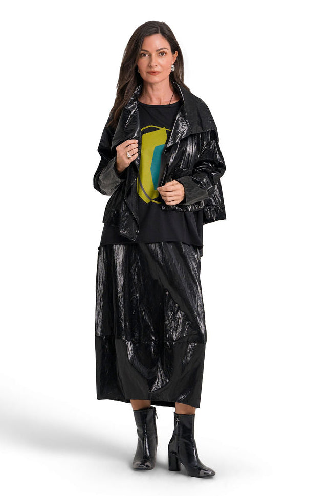 Women's Vegan Crushed Patent Leather Cropped Asymmetrical Jacket in Black by PLANET