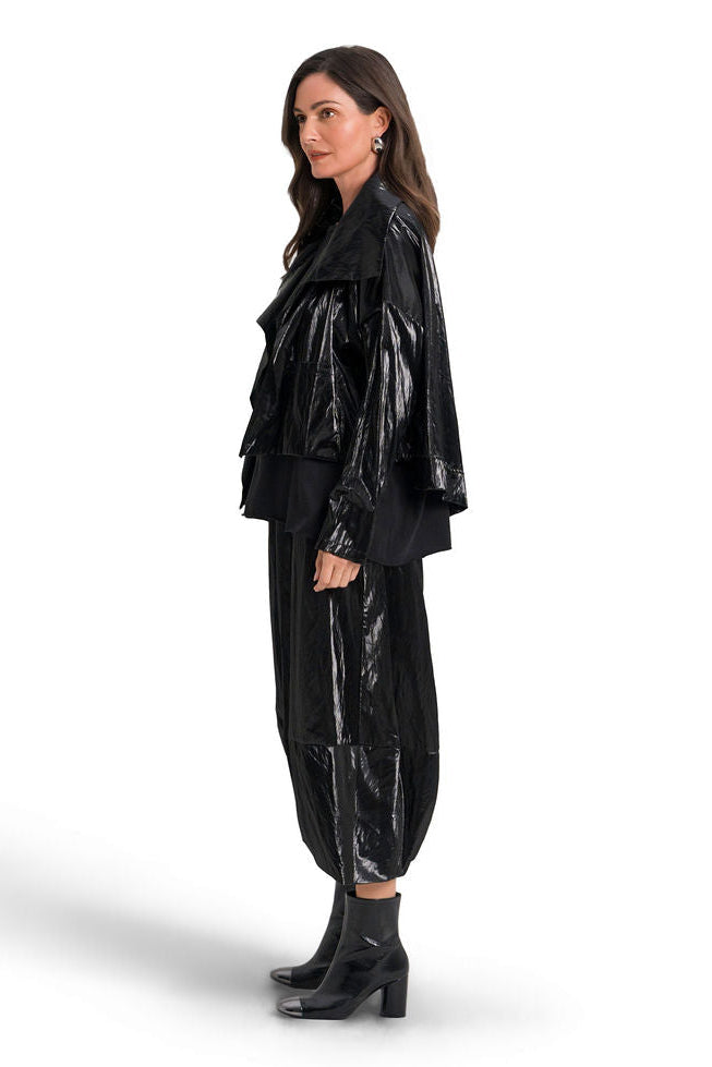 Women's Vegan Crushed Patent Leather Cropped Asymmetrical Jacket in Black by PLANET, alternate view 4