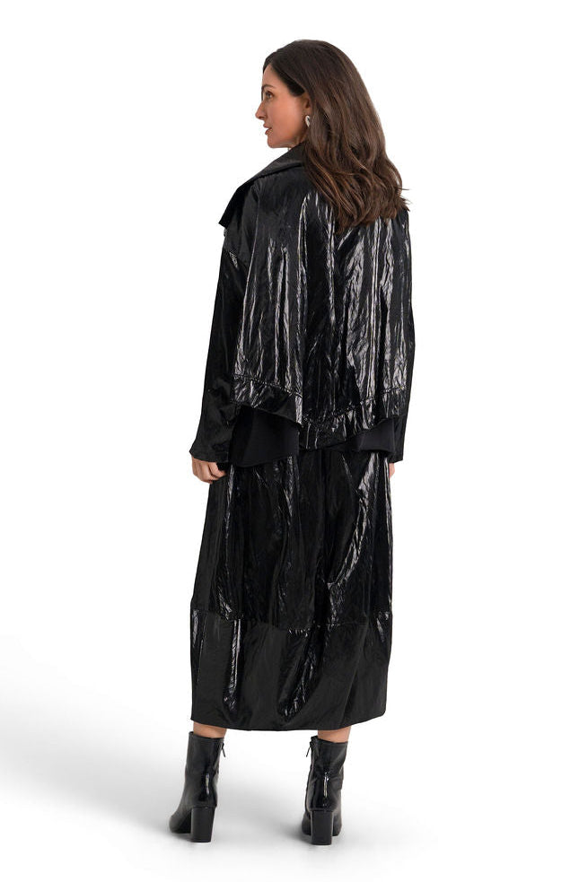 Women's Vegan Crushed Patent Leather Cropped Asymmetrical Jacket in Black by PLANET, alternate view 3