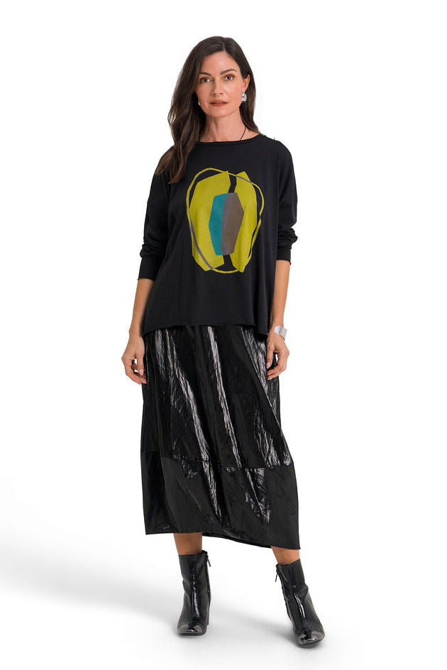 Vegan Crushed Patent Leather Puff Skirt - Black