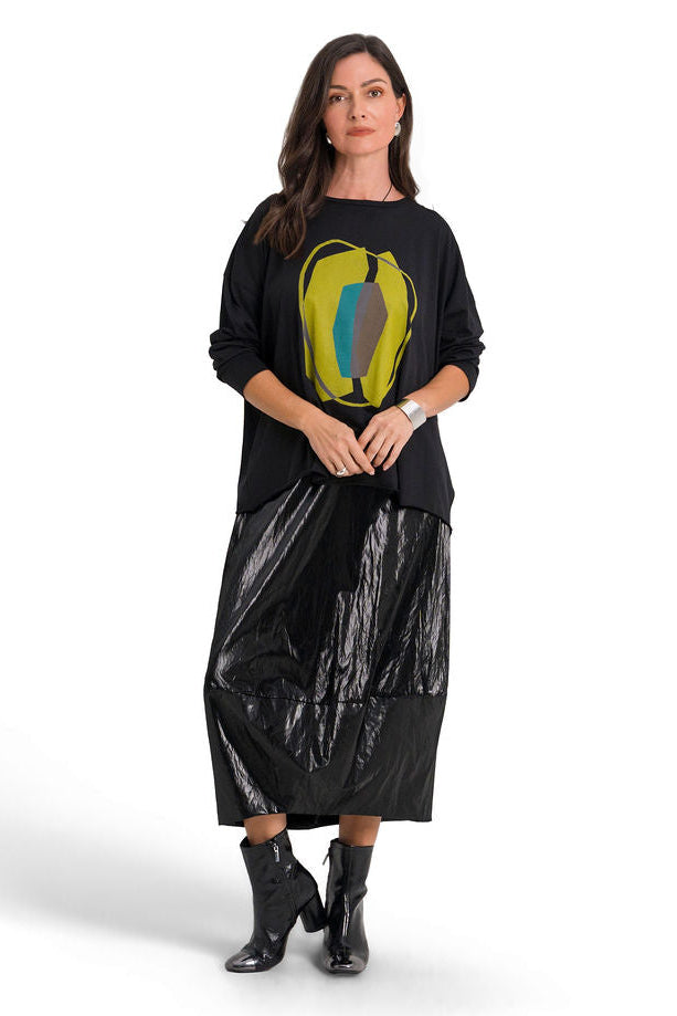 Vegan Crushed Patent Leather Puff Skirt - Black
