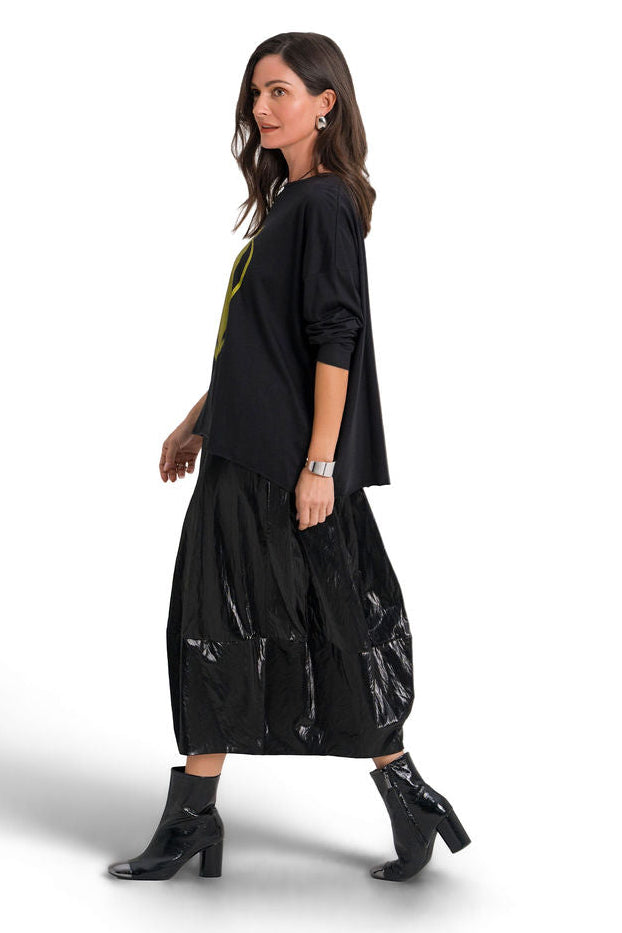 Vegan Crushed Patent Leather Puff Skirt - Black