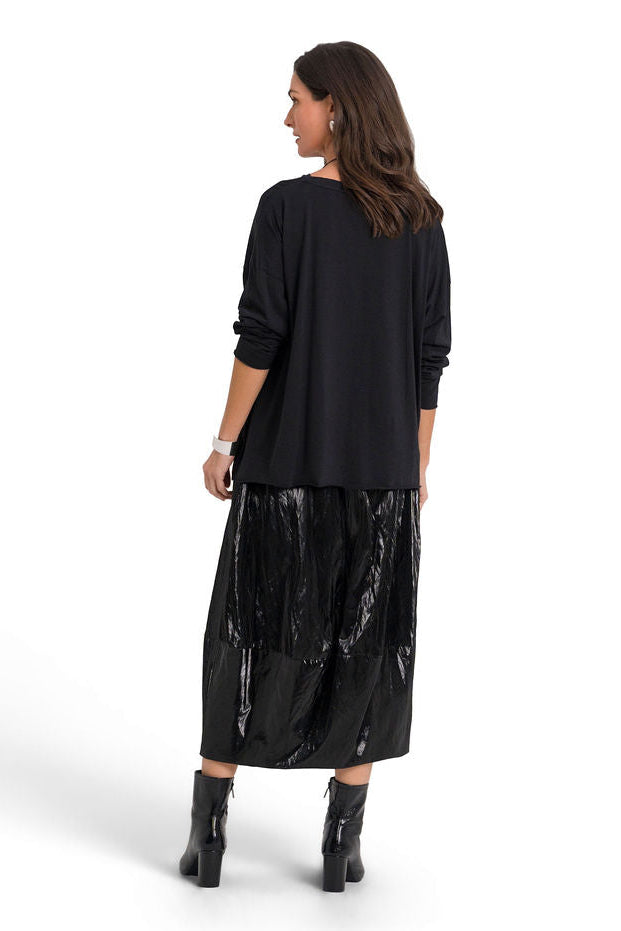 Vegan Crushed Patent Leather Puff Skirt - Black