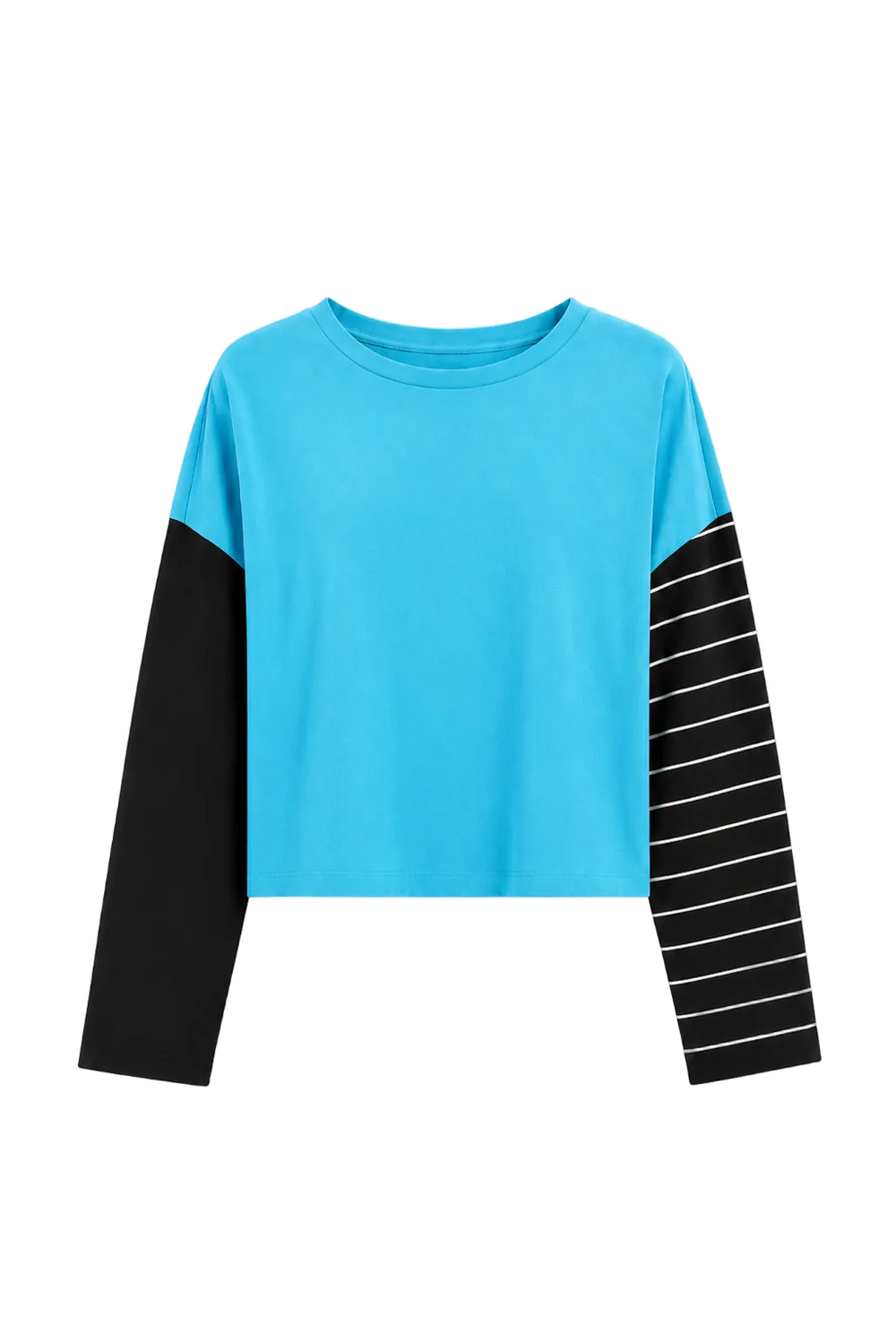 A cropped pima cotton long-sleeve top in bright turquoise blue with one solid black sleeve and one black sleeve featuring thin white horizontal stripes, shown on a plain white background.