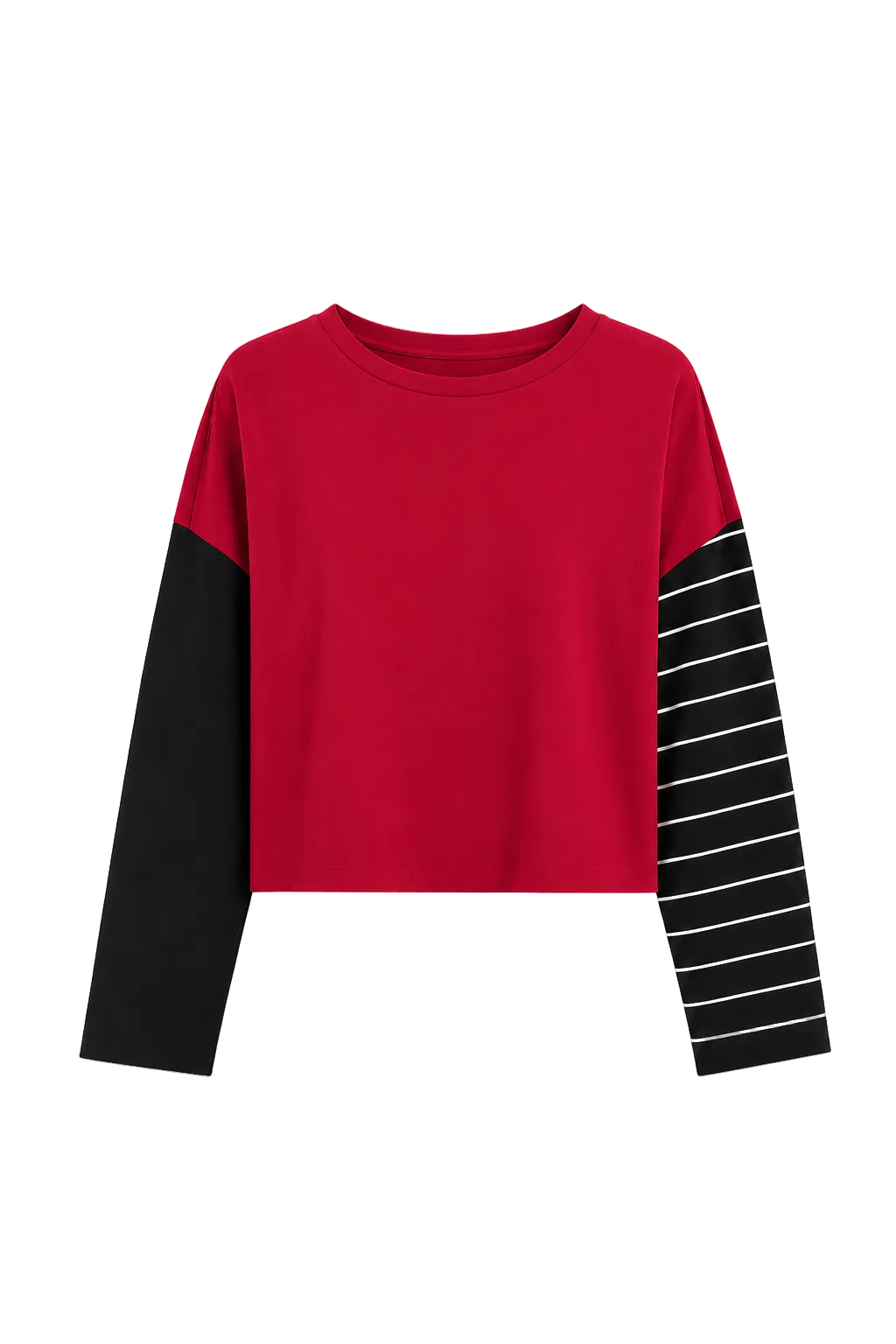 A cropped pima cotton long-sleeve top in red with solid black sleeves on one side and black-and-white striped sleeves on the other, shown on a plain light gray background.