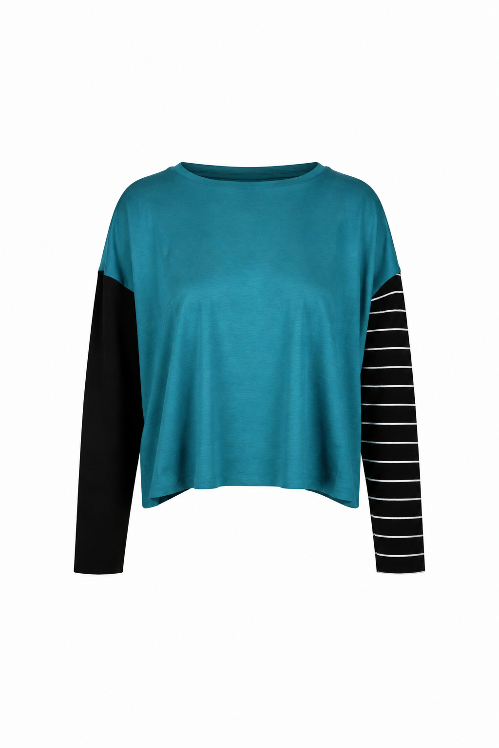 A women's long-sleeve top in galaxy teal with solid black sleeves on one side and black-and-white striped sleeves on the other, shown against a plain white background.