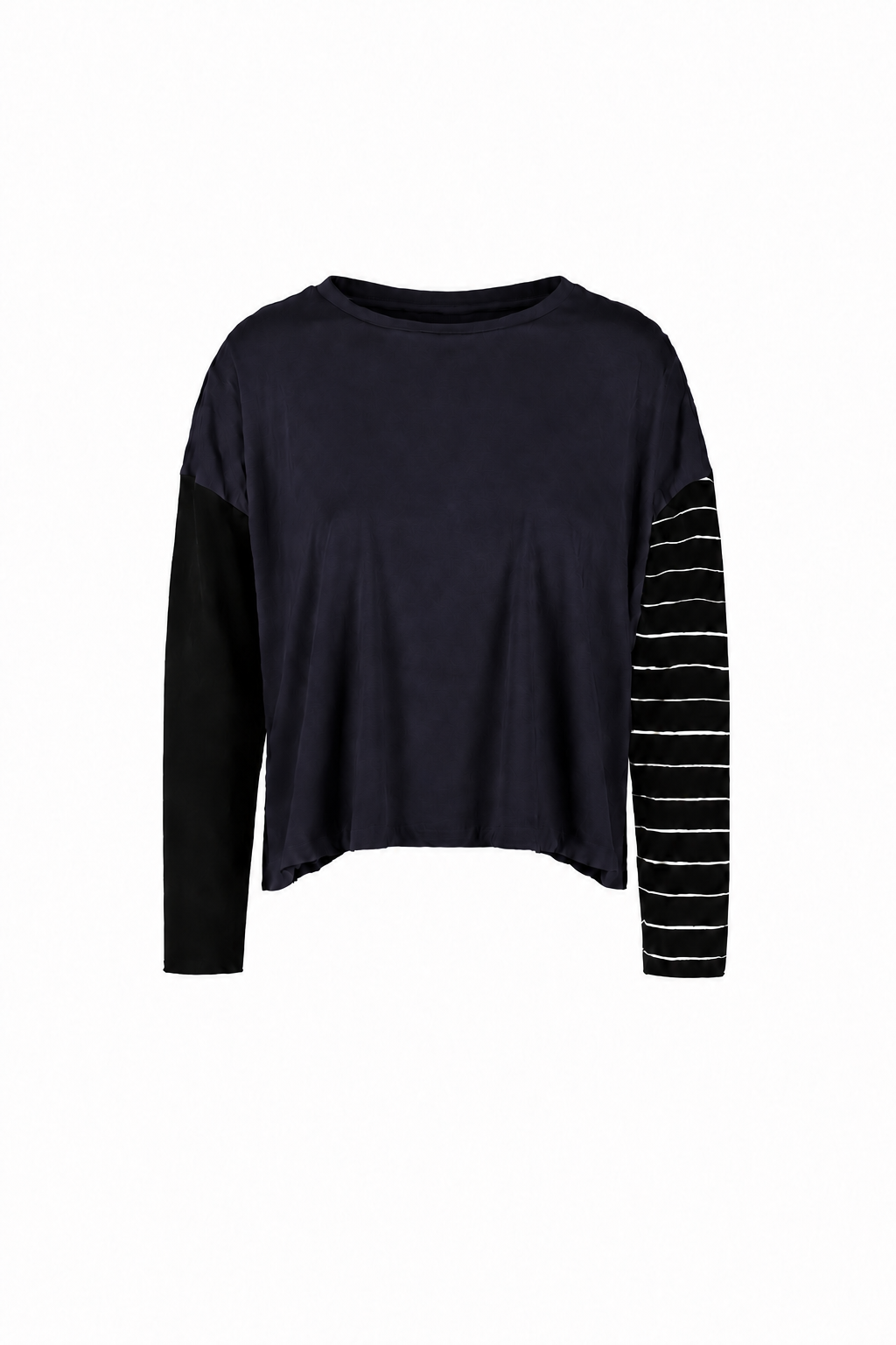 A women's long-sleeve top in midnight navy blue, featuring solid black sleeves on the left side and thin white horizontal stripes on the right sleeve, shown against a plain white background.