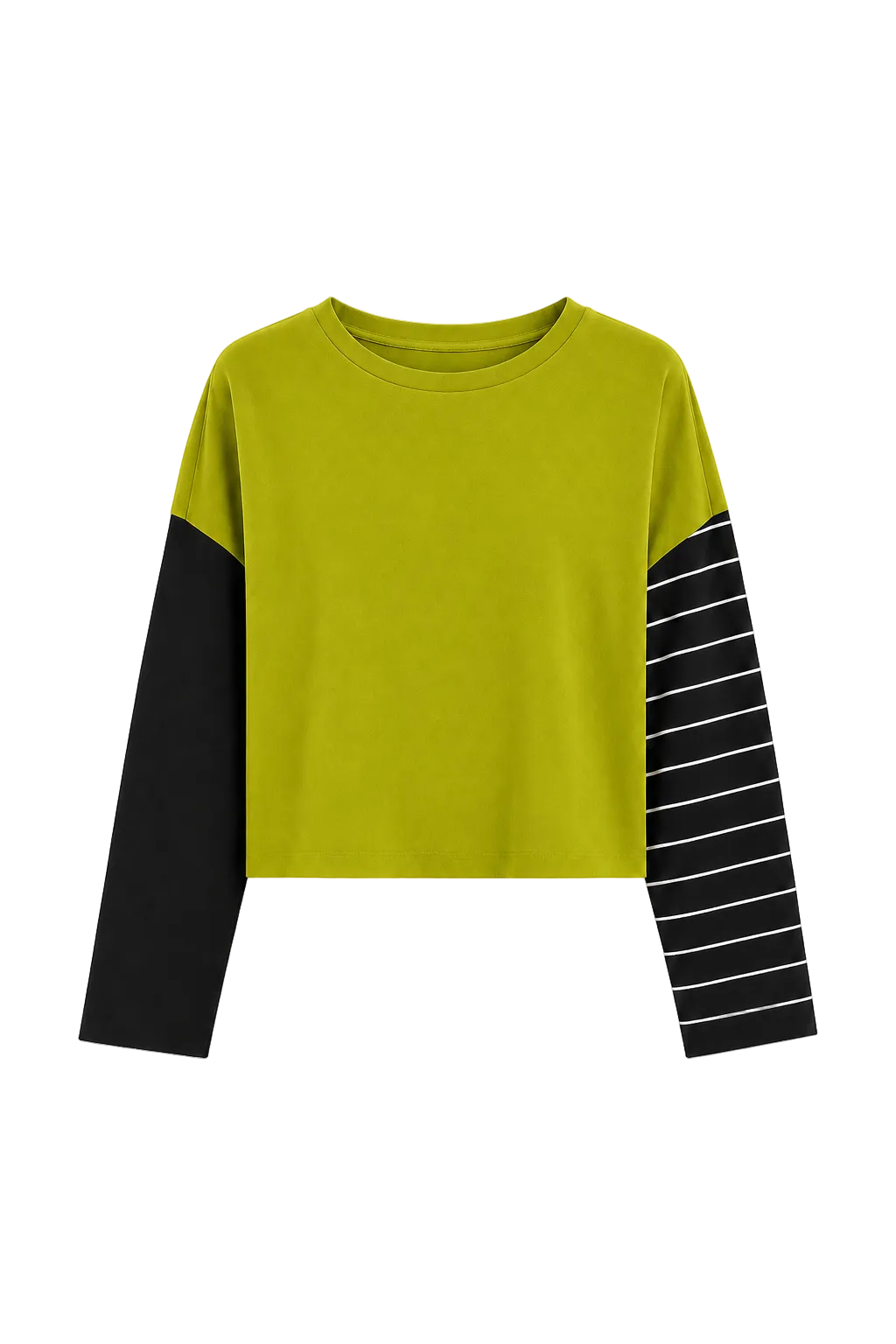 A cropped pima cotton long-sleeve top in bright yellow-green with one solid black sleeve and one black sleeve featuring thin white horizontal stripes, shown on a plain light gray background.