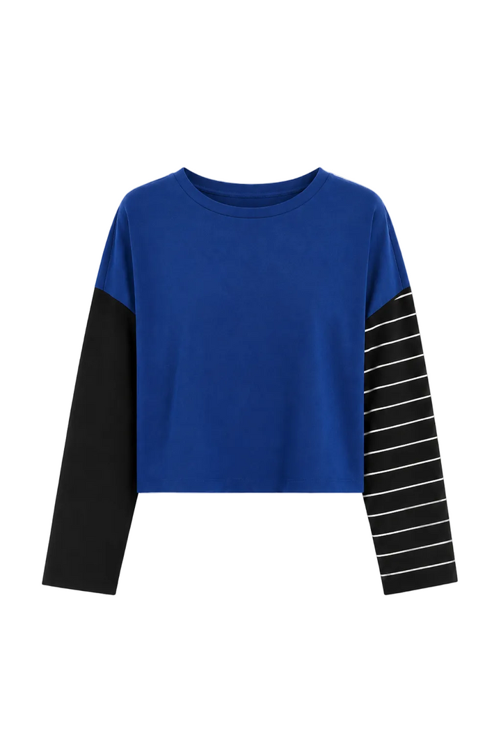 Pima Cotton Mixed Media Mini Luxury Boxy T-Shirt - Royal/Black