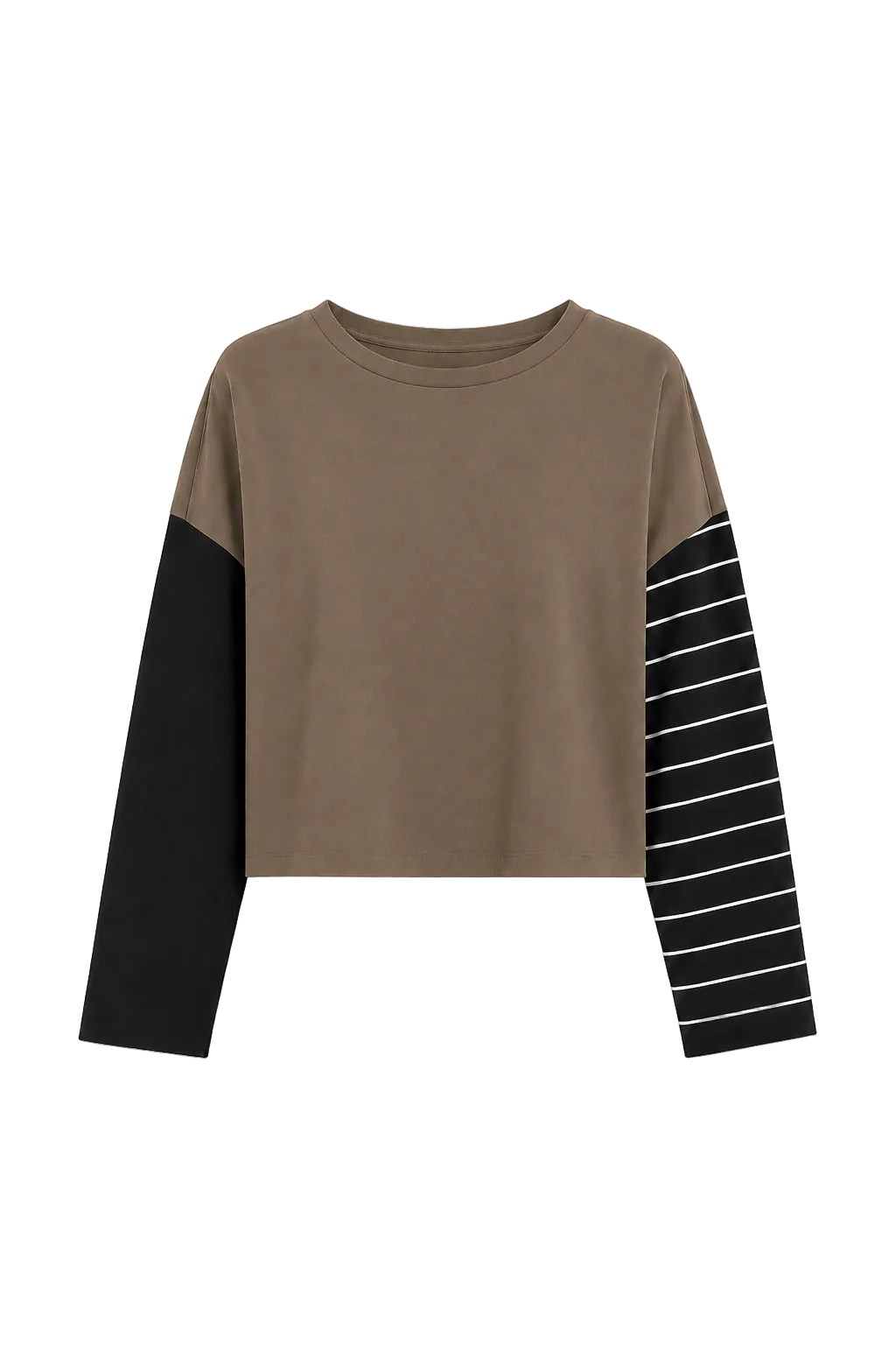 A cropped long-sleeve top in taupe brown with solid black sleeves on one side and black-and-white striped sleeves on the other, shown on a plain light gray background.
