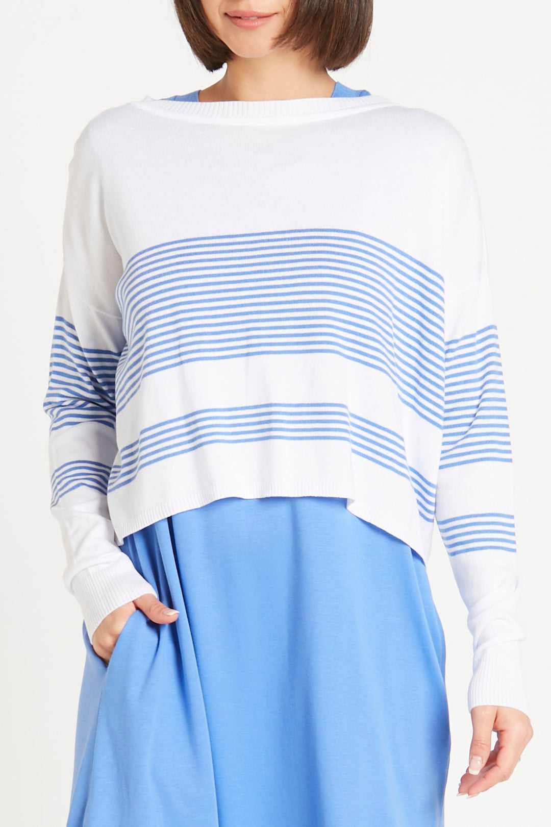 Pima Cotton Mini Striped Boatneck Sweater - White/Blue Jay