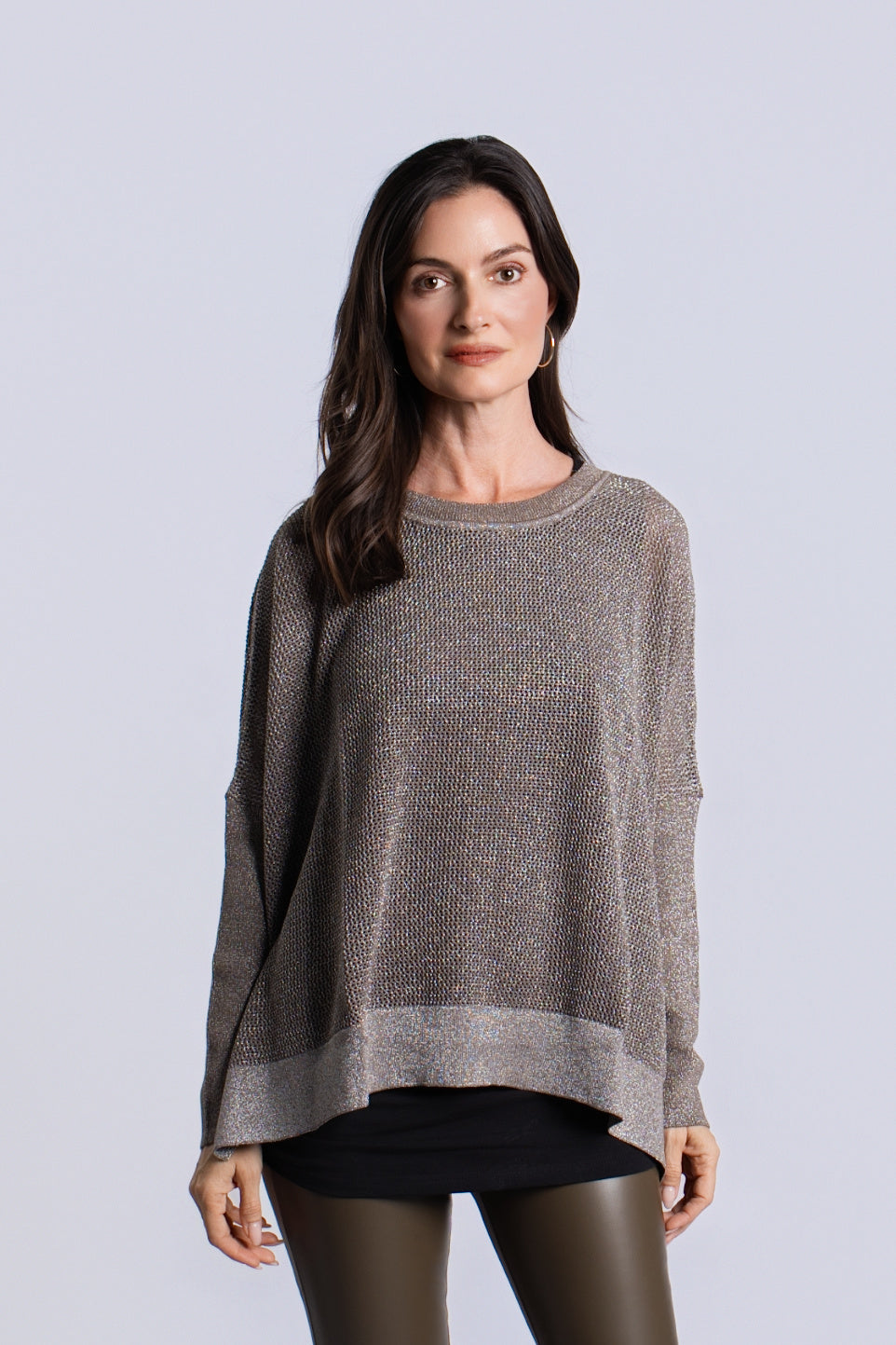 Women's Pima Cotton Metallic Seed Stitch sweater in Turtle/Silver by PLANET