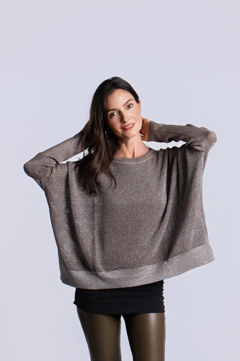 Women's Pima Cotton Metallic Seed Stitch sweater in Turtle/Silver by PLANET, alternate view 2