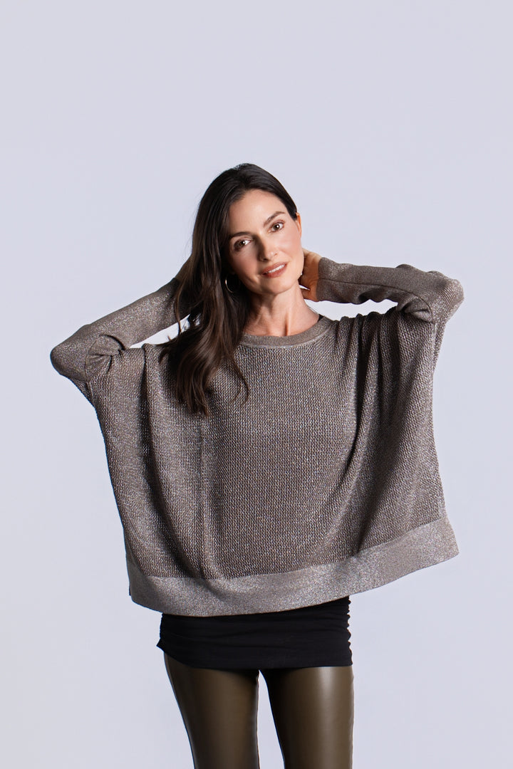 Women's Pima Cotton Metallic Seed Stitch sweater in Turtle/Silver by PLANET, alternate view 2