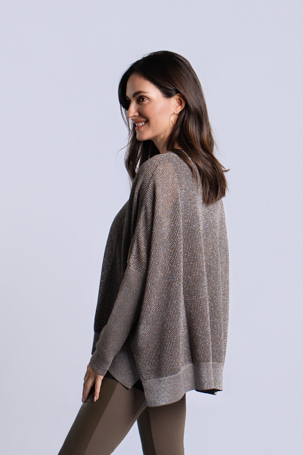 Women's Pima Cotton Metallic Seed Stitch sweater in Turtle/Silver by PLANET, alternate view 4