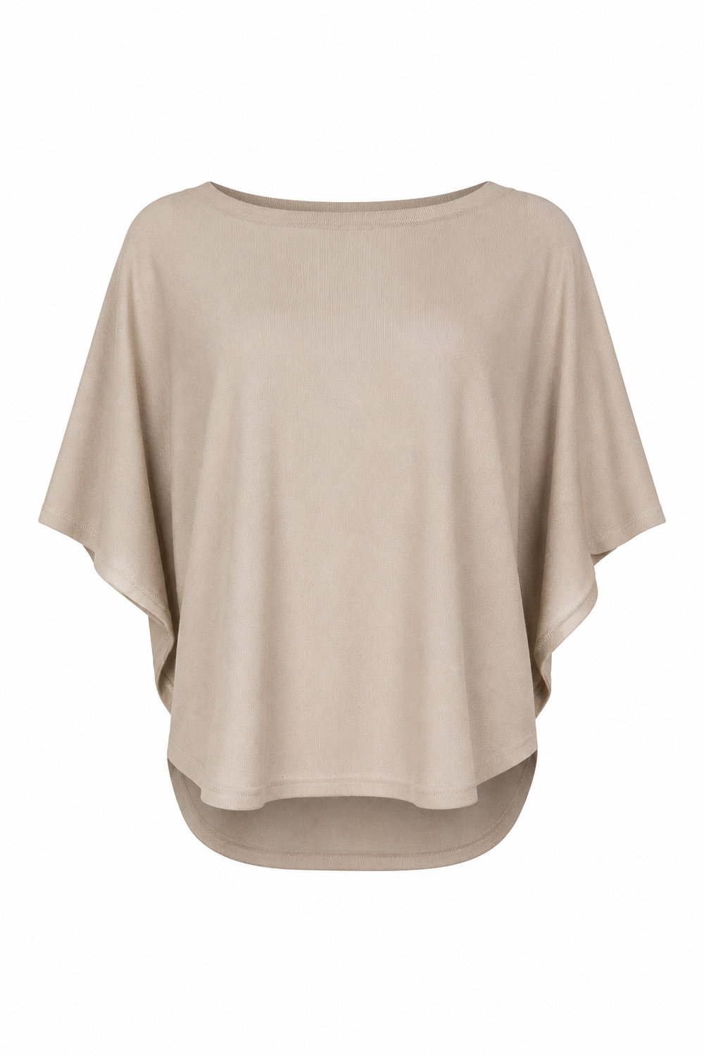 Putty beige poncho-style top on a white background