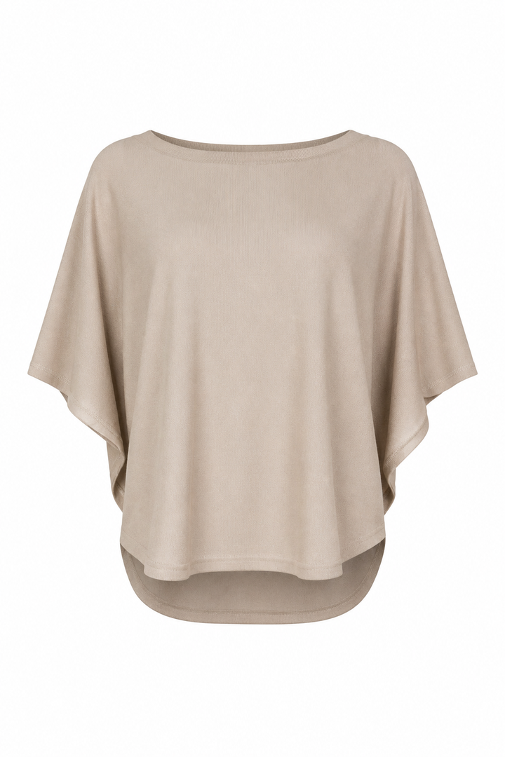 Putty beige poncho-style top on a white background