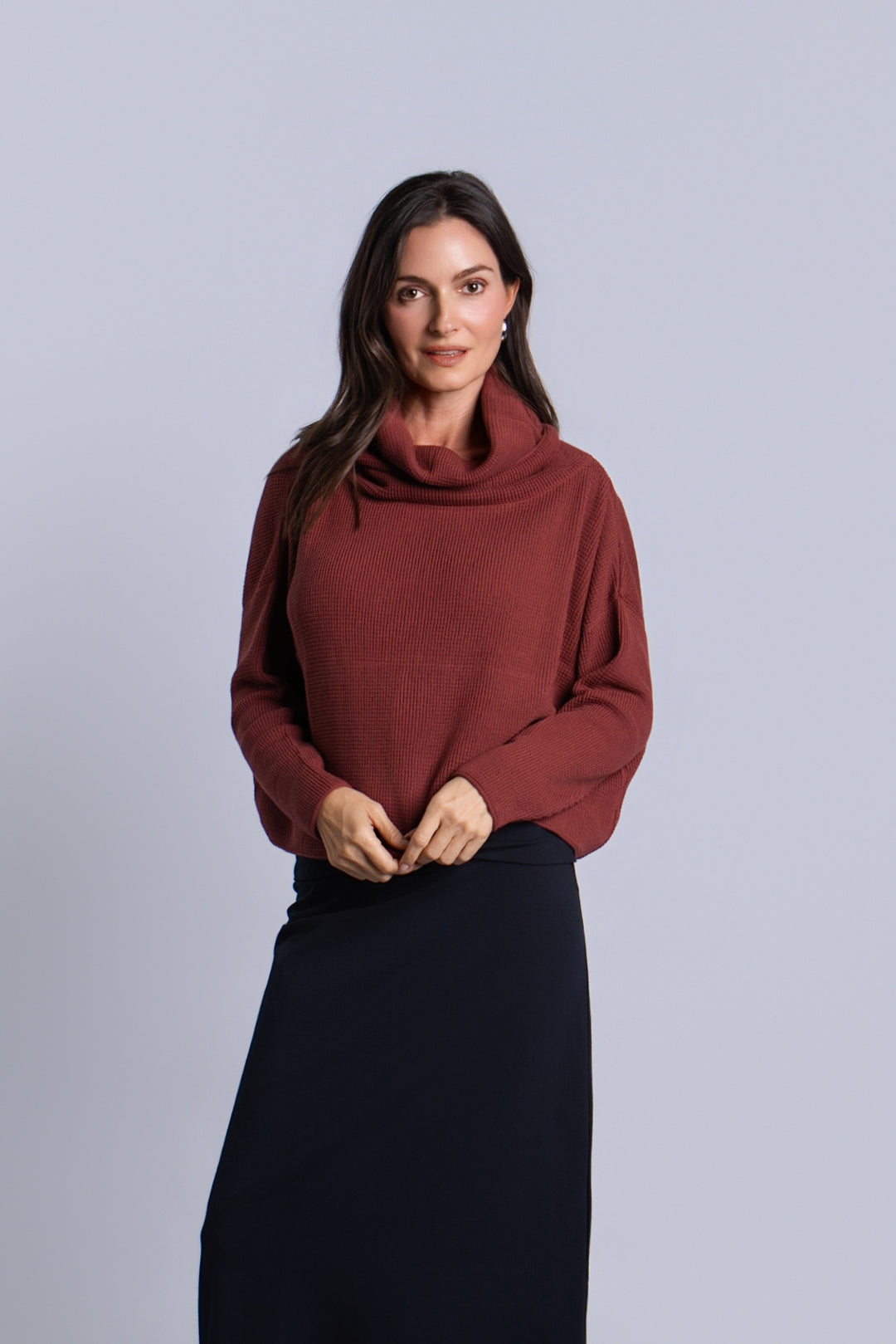 Women's Pima Cotton Thermal Cowl Sweater in Henna by PLANET, alternate view 3