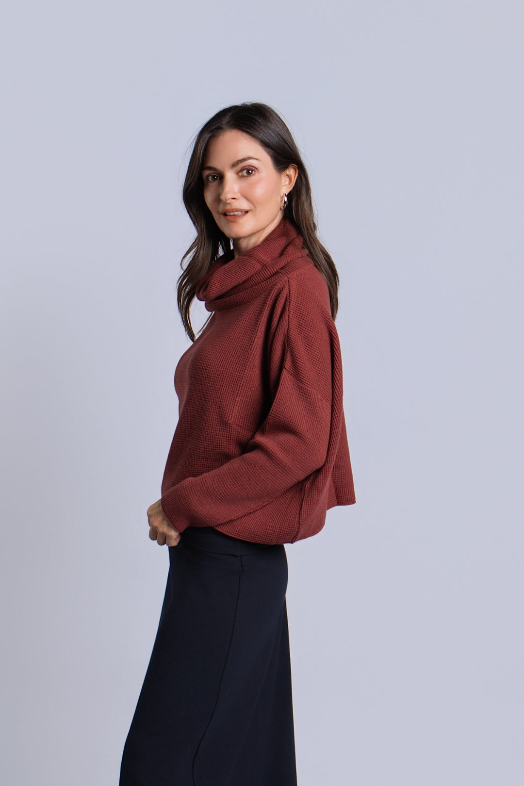 Women's Pima Cotton Thermal Cowl Sweater in Henna by PLANET, on model