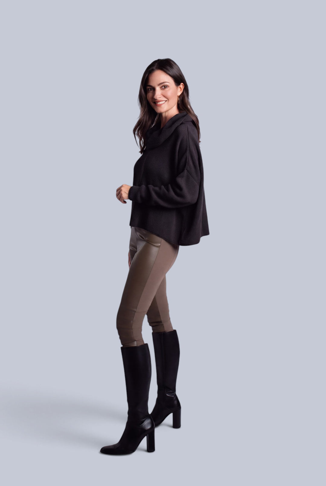 Pima Cotton Thermal Cowl Sweater - Black