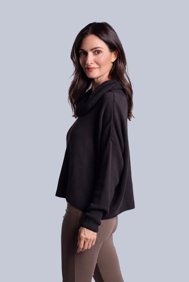 Pima Cotton Thermal Cowl Sweater - Black