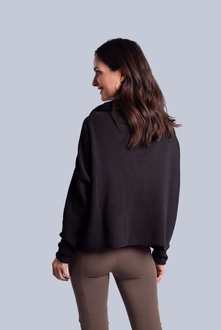 Pima Cotton Thermal Cowl Sweater - Black