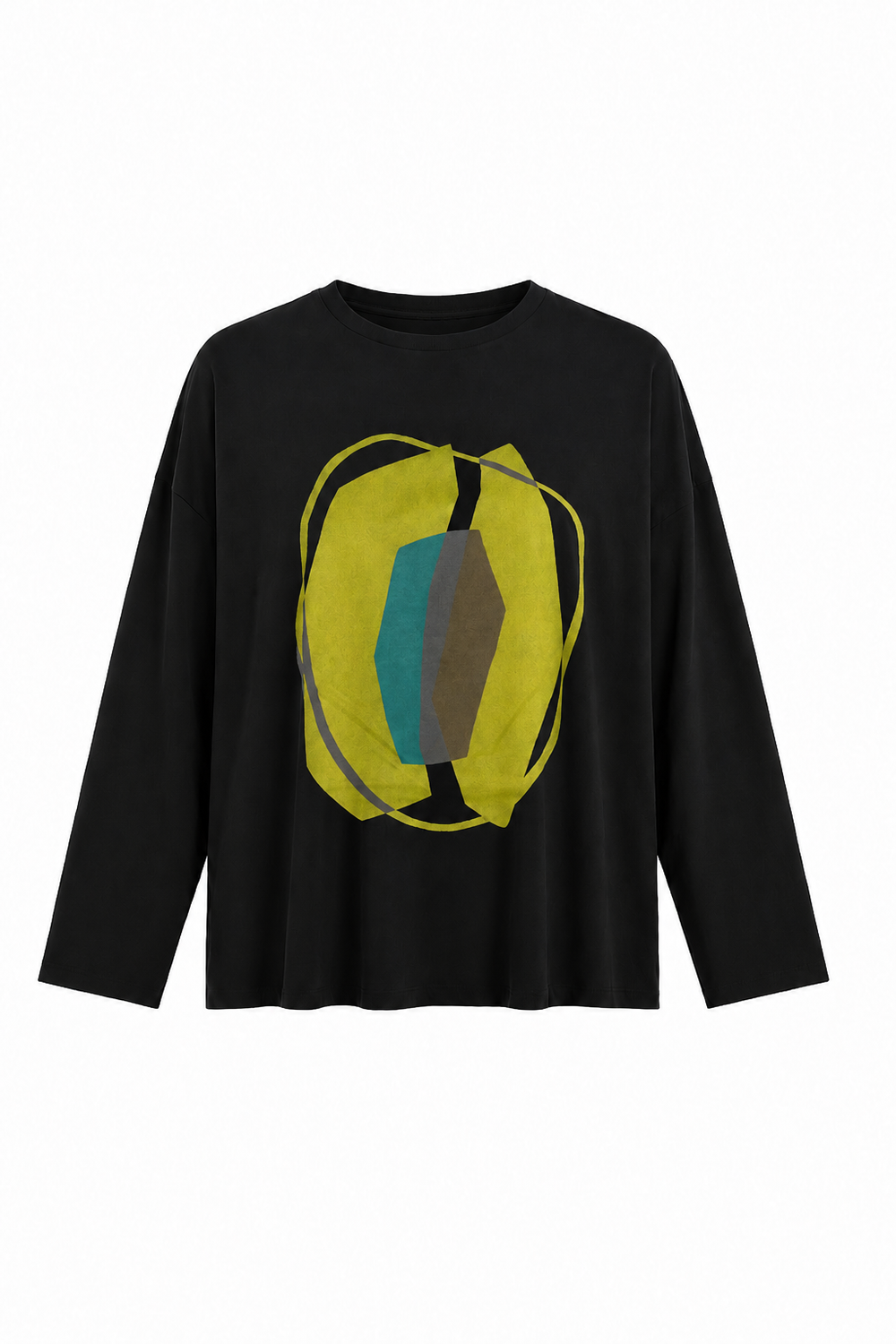A 100% pima cotton black long-sleeve t-shirt with a large abstract graphic on the front featuring a yellow oval, a teal and brown central shape, and thin gray curved lines, displayed against a solid white background.