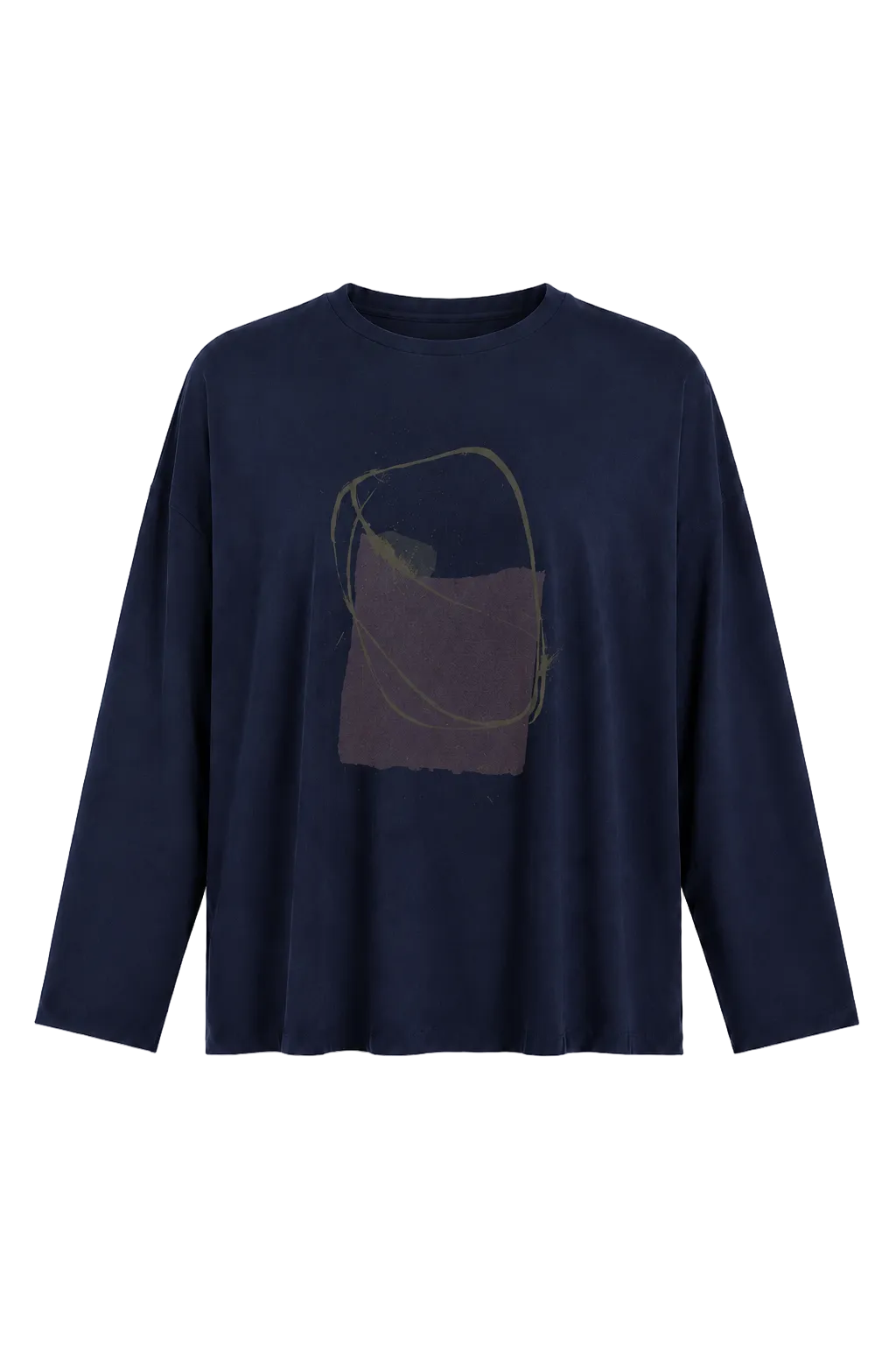 A 100% pima cotton navy blue long-sleeve crewneck t-shirt featuring an abstract graphic print on the front with a muted purple pocket illustration and olive-green lines, shown against a plain white background.