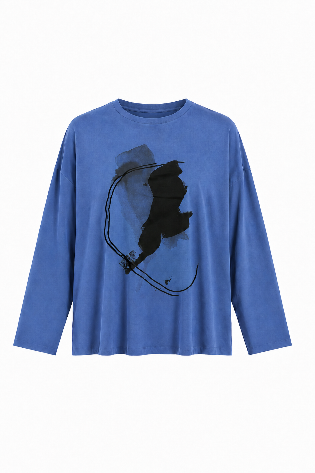 A 100% pima cotton blue long-sleeve t-shirt with a black abstract graphic print on the front, displayed against a plain white background.