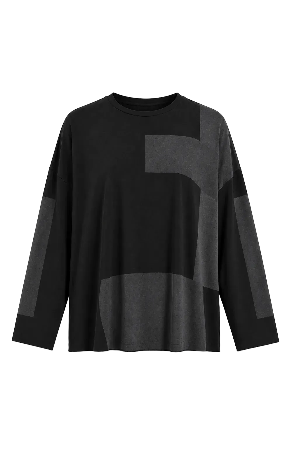 A 100% pima cotton black long-sleeve top with contrasting dark gray geometric color-block panels on the front and sleeves, displayed against a solid white background.