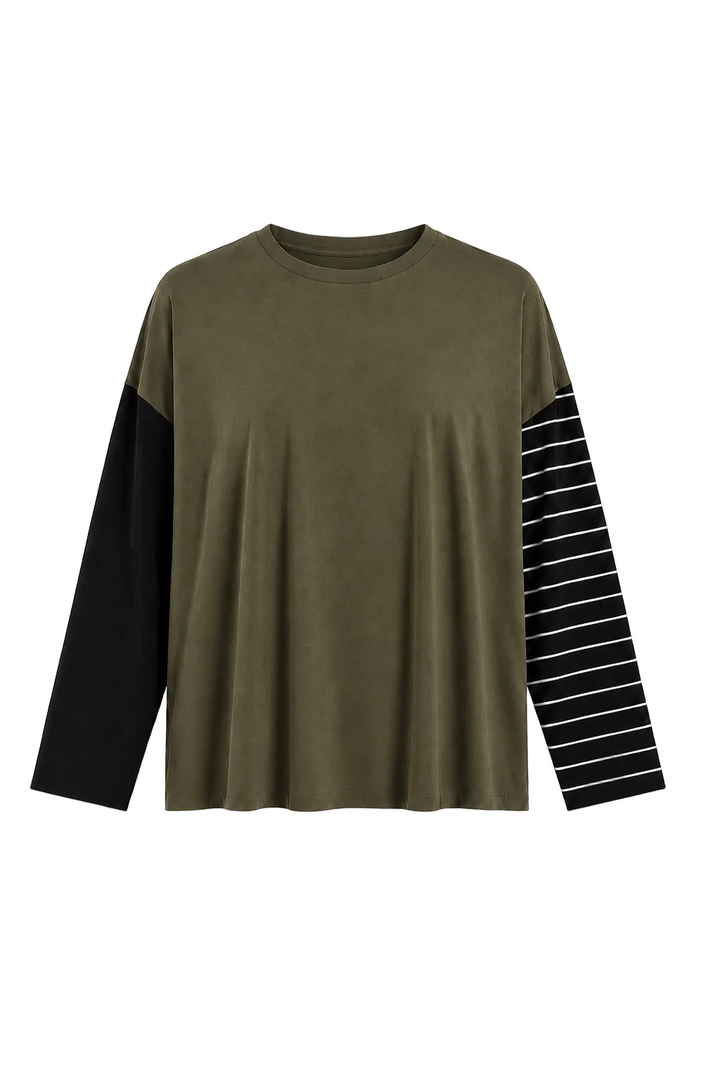 An olive green 100% pima cotton long-sleeve top with solid black sleeves on one side and black and white striped sleeves on the other, shown against a plain white background.