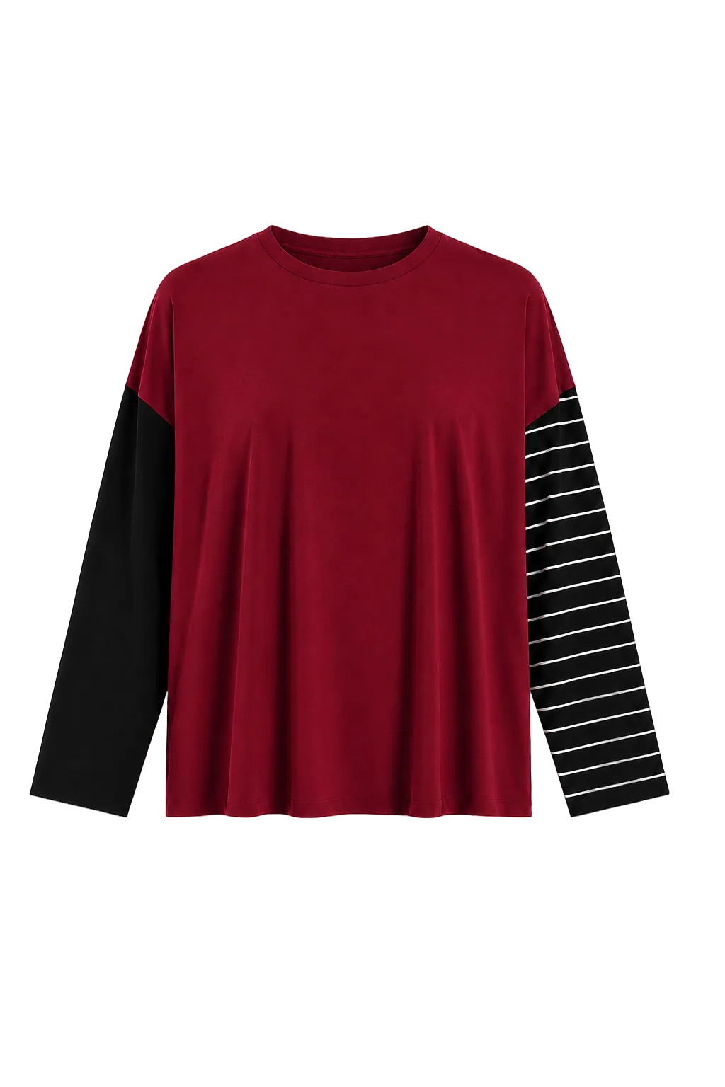 A long-sleeve 100% pima cotton crewneck top with a solid dark red body, one solid black sleeve, and one black sleeve featuring thin white horizontal stripes, shown against a plain white background.