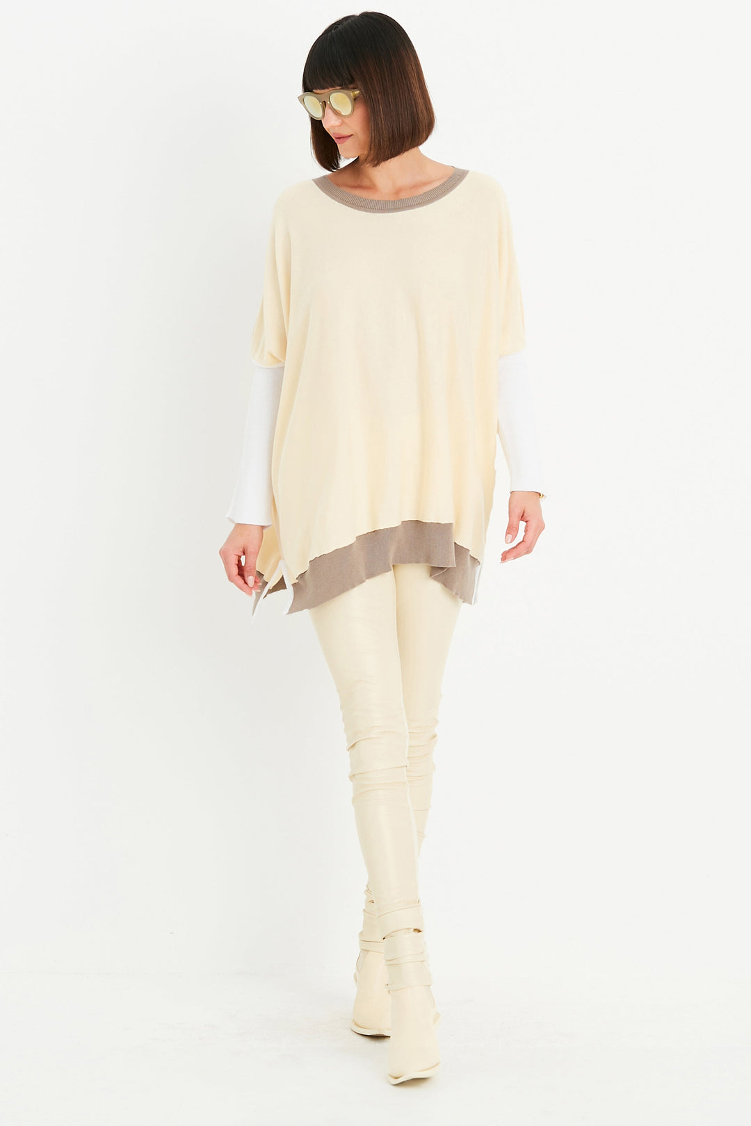 Pima Cotton Color Block Crewneck Sweater - Butter/Fawn/White