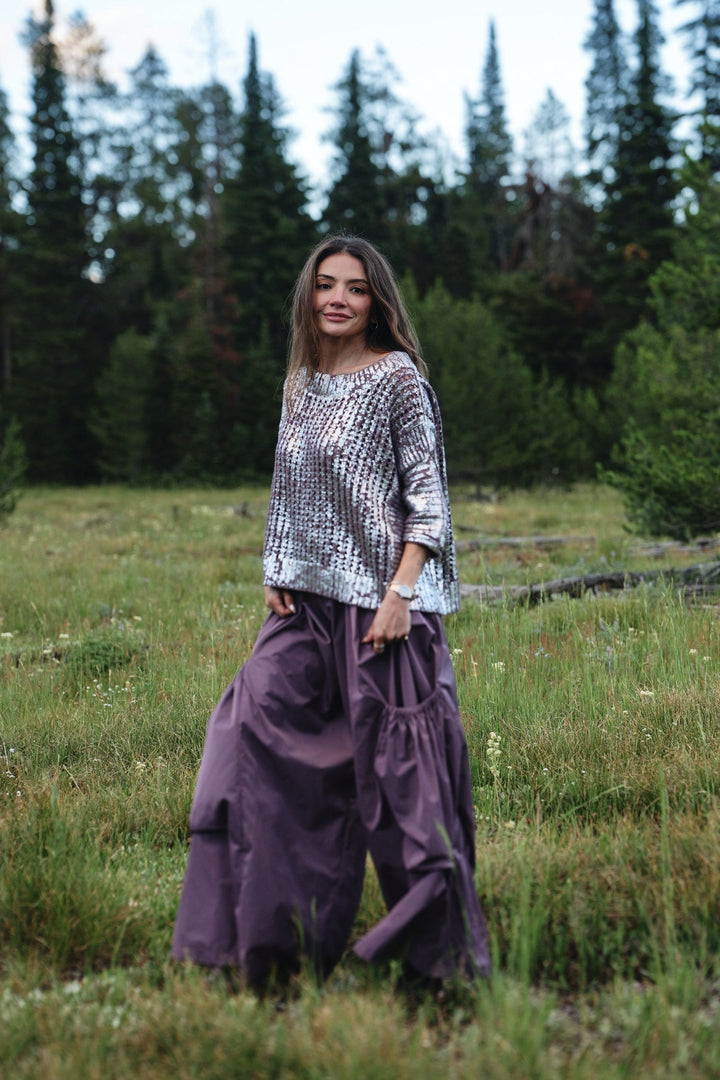 Cotton Metallic Crochet Boatneck Sweater - Amethyst/Silver