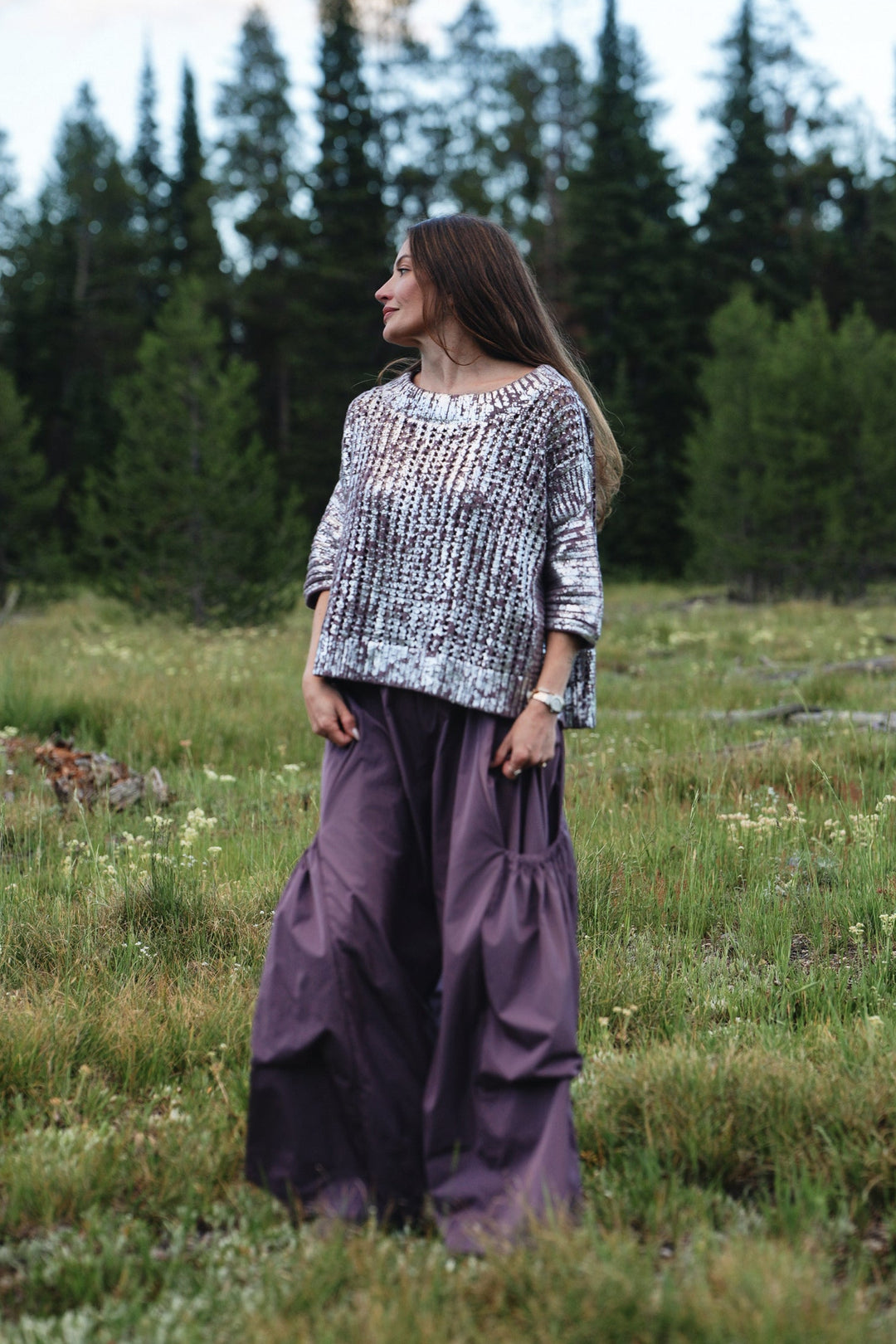 Cotton Metallic Crochet Boatneck Sweater - Amethyst/Silver