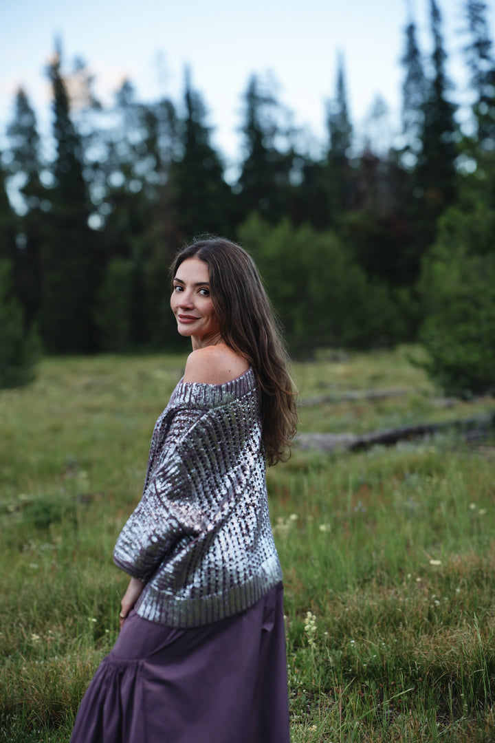 Cotton Metallic Crochet Boatneck Sweater - Amethyst/Silver